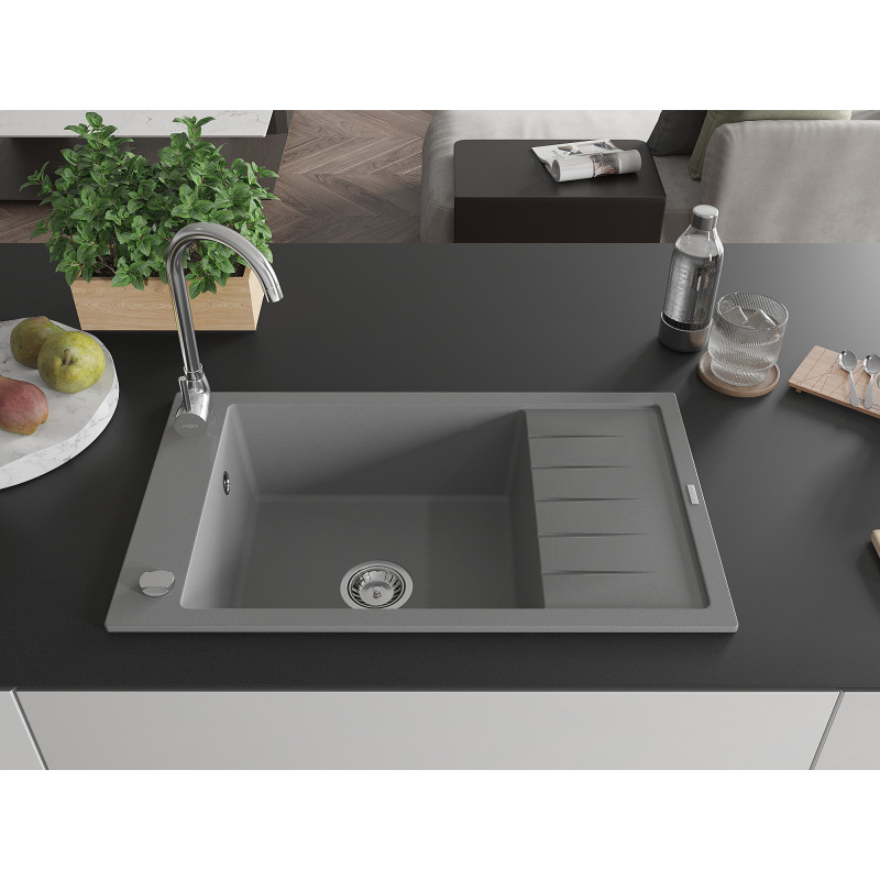 Mexen Elias žulový drez s 1 komorou a drenážnou doskou 795 x 480 mm, sivý, sifón chrómovaný - 6511791005-71