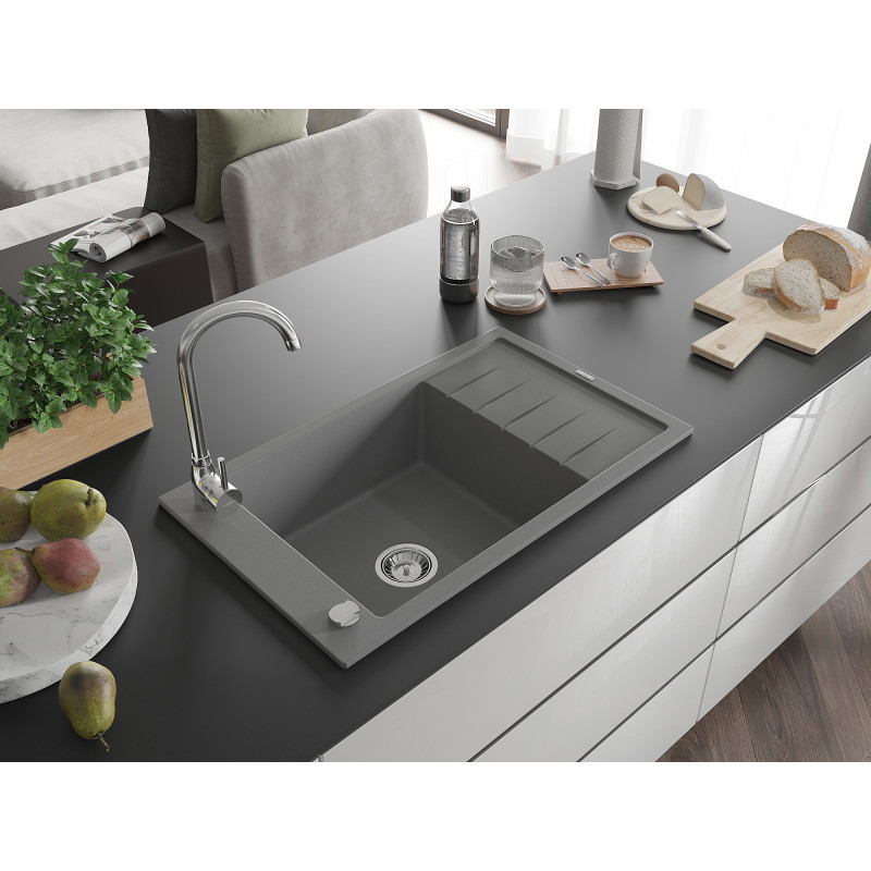 Mexen Elias žulový drez s 1 komorou a drenážnou doskou 795 x 480 mm, sivý, sifón chrómovaný - 6511791005-71