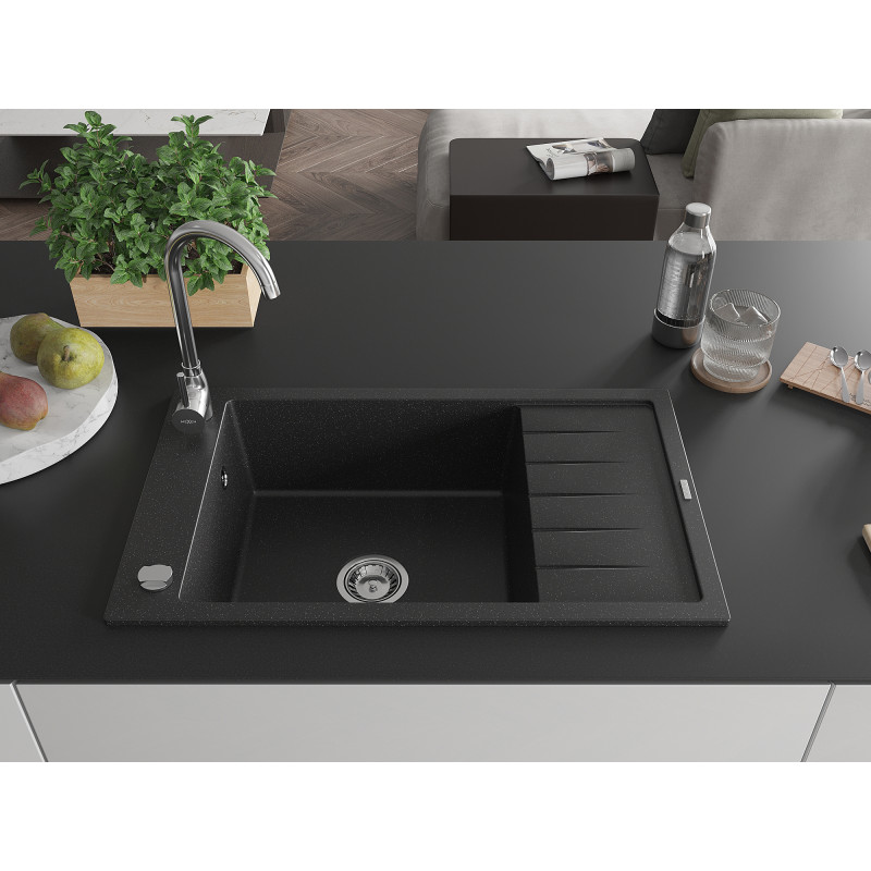 Mexen Elias granitový drez s 1-komorou s odkvapkávačom 795 x 480 mm, čierny/strieborný metalický, sifón chróm