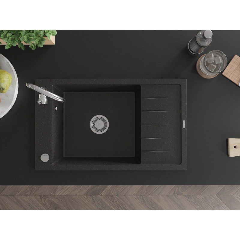 Mexen Elias granitový drez 1-komorový s odkvapkávačom 795 x 480 mm, čierny/strieborný metalický, sifón chróm - 6511791005-73