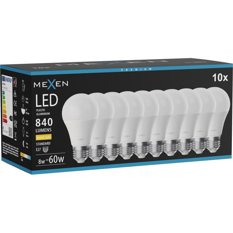 Mexen Nova 10x LED žiarovka E27, A60, 8W, Teplá - 3000K, 840 lm - L100-E27-0830-01x10