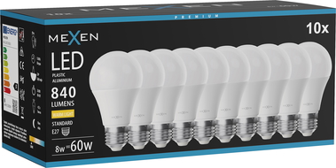 Mexen Nova 10x LED žiarovka E27, A60, 8W, Teplá - 3000K, 840 lm - L100-E27-0830-01x10