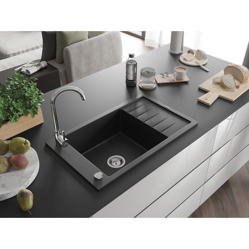 Mexen Elias granitový drez 1-komorový s odkvapkávačom 795 x 480 mm, čierny, chrómový sifón - 6511791005-77