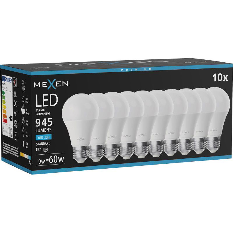 Mexen Nova 10x LED žiarovka E27, A60, 9W, Studená - 6500K, 945 lm - L100-E27-0965-01x10