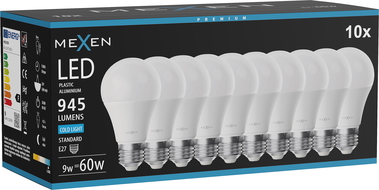 Mexen Nova 10x LED žiarovka E27, A60, 9W, Studená - 6500K, 945 lm - L100-E27-0965-01x10