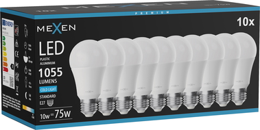 Mexen Nova 10x LED žiarovka E27, A60, 10W, Studená - 6500K, 1055 lm - L100-E27-1065-01x10
