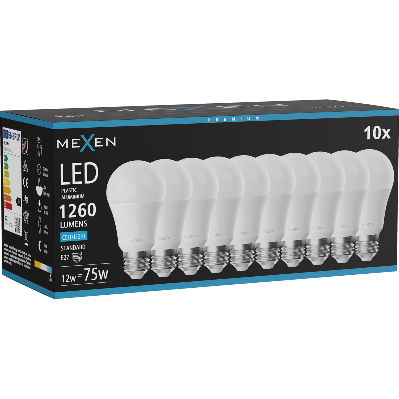 Mexen Nova 10x LED žiarovka E27, A60, 12W, Studená - 6500K, 1260 lm - L100-E27-1265-01x10