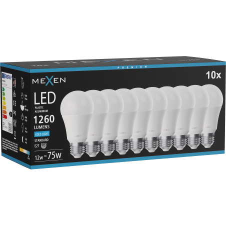 Mexen Nova 10x LED žiarovka E27, A60, 12W, Studená - 6500K, 1260 lm - L100-E27-1265-01x10