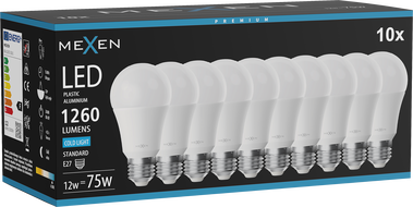 Mexen Nova 10x LED žiarovka E27, A60, 12W, Studená - 6500K, 1260 lm - L100-E27-1265-01x10