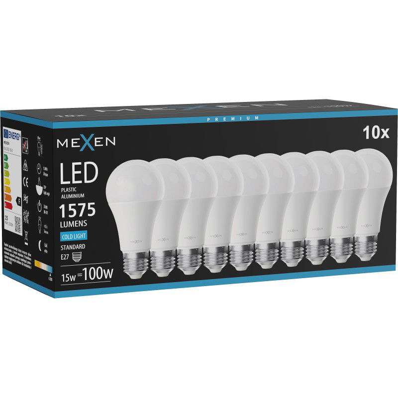 Mexen Nova 10x LED žiarovka E27, A60, 15W, Studená - 6500K, 1575 lm - L100-E27-1565-01x10