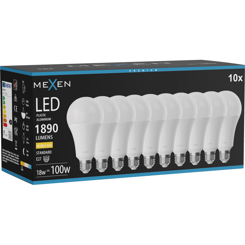 Mexen Nova 10x LED žiarovka E27, A70, 18W, Teplá - 3000K, 1890 lm - L100-E27-1830-01x10