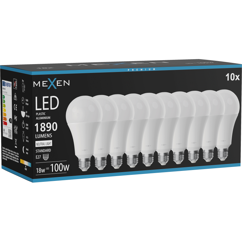 Mexen Nova 10x LED žiarovka E27, A70, 18W, Neutrálna - 4000K, 1890 lm - L100-E27-1840-01x10