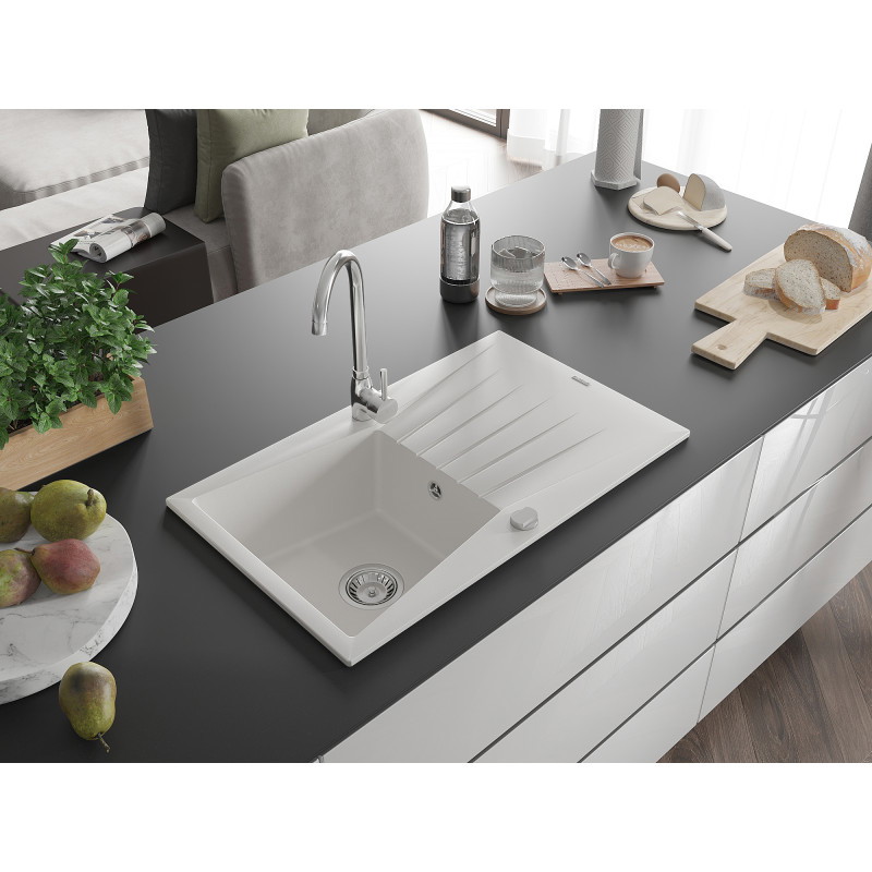 Mexen Cesar granitový 1-komorový drez s odkvapkávačom 775 x 470 mm, biely, sifón chróm - 6514771010-20