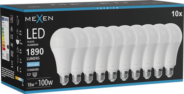 Mexen Nova 10x LED žiarovka E27, A70, 18W, Studená - 6500K, 1890 lm - L100-E27-1865-01x10