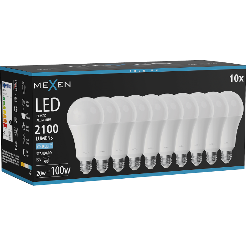 Mexen Nova 10x LED žiarovka E27, A70, 20W, Studená - 6500K, 2100 lm - L100-E27-2065-01x10