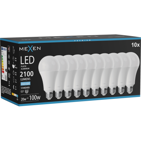 Mexen Nova 10x LED žiarovka E27, A70, 20W, Studená - 6500K, 2100 lm - L100-E27-2065-01x10