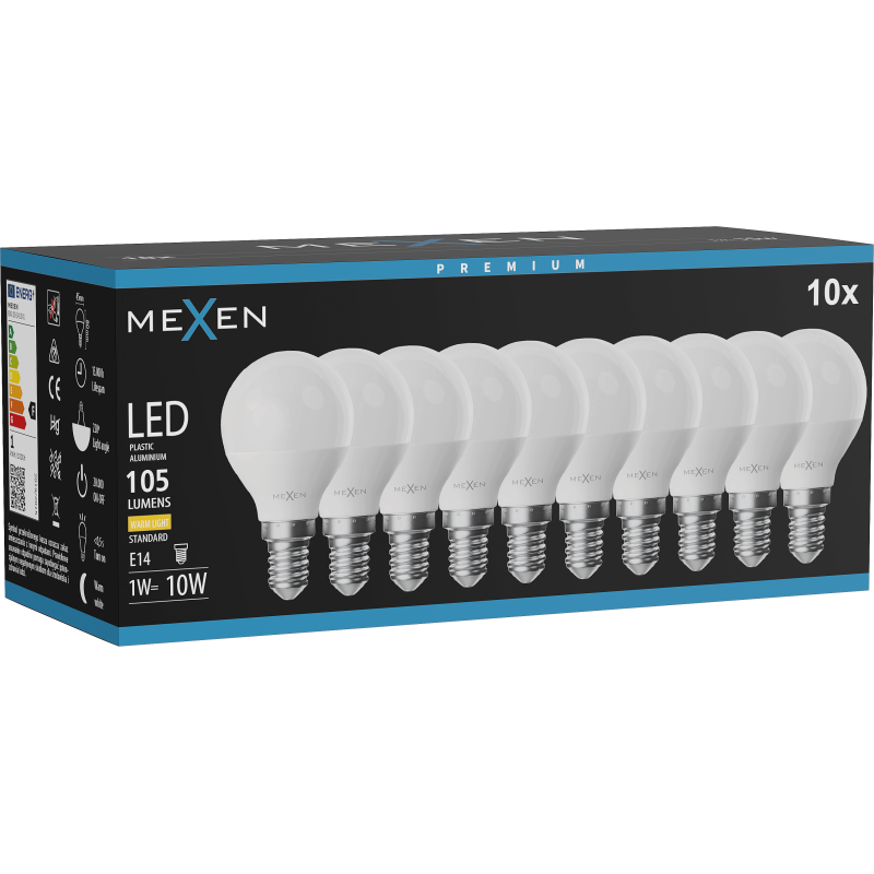 Mexen Nova 10x LED žiarovka E14, G45, 1W, Teplá - 3000K, 105 lm - L101-E14-0130-01x10