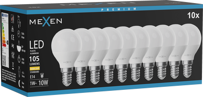 Mexen Nova 10x LED žiarovka E14, G45, 1W, Teplá - 3000K, 105 lm - L101-E14-0130-01x10