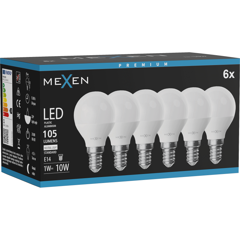 Mexen Nova 6x LED žiarovka E14, G45, 1W, Neutrálna - 4000K, 105 lm - L101-E14-0140-01x06