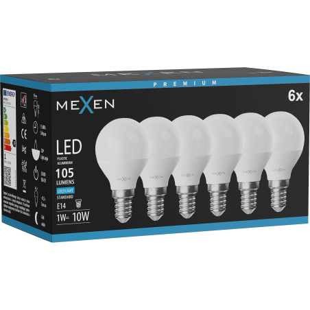 Mexen Nova 6x LED žiarovka E14, G45, 1W, Studená - 6500K, 105 lm - L101-E14-0165-01x06
