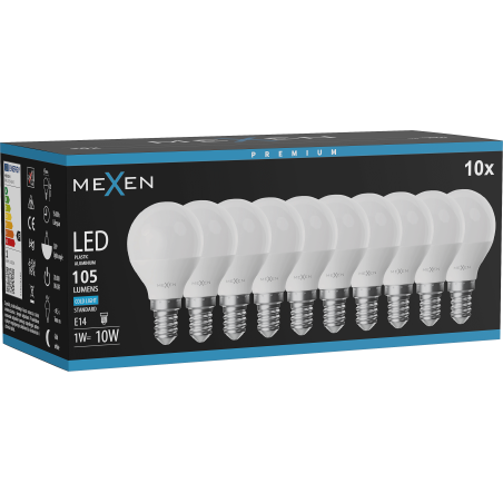 Mexen Nova 10x LED žiarovka E14, G45, 1W, Studená - 6500K, 105 lm - L101-E14-0165-01x10