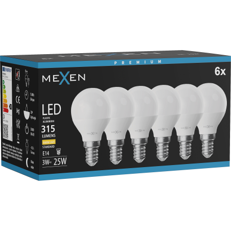 Mexen Nova 6x LED žiarovka E14, G45, 3W, Teplá - 3000K, 315 lm - L101-E14-0330-01x06