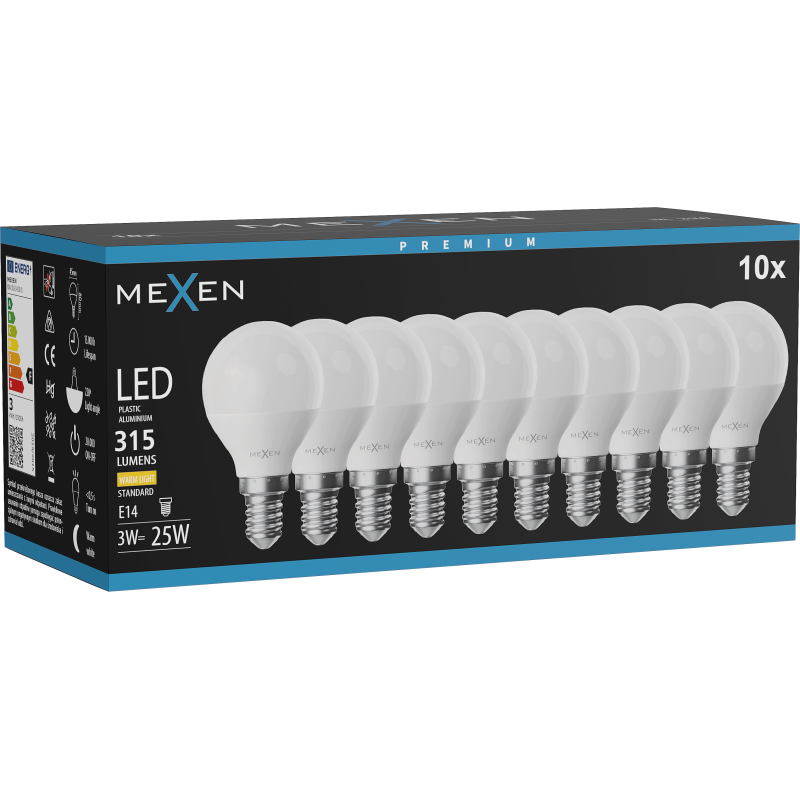 Mexen Nova 10x LED žiarovka E14, G45, 3W, Teplá - 3000K, 315 lm - L101-E14-0330-01x10