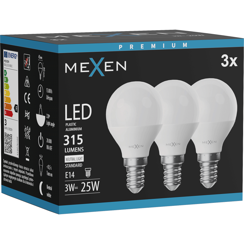 Mexen Nova 3x LED žiarovka E14, G45, 3W, Neutrálna - 4000K, 315 lm - L101-E14-0340-01x03