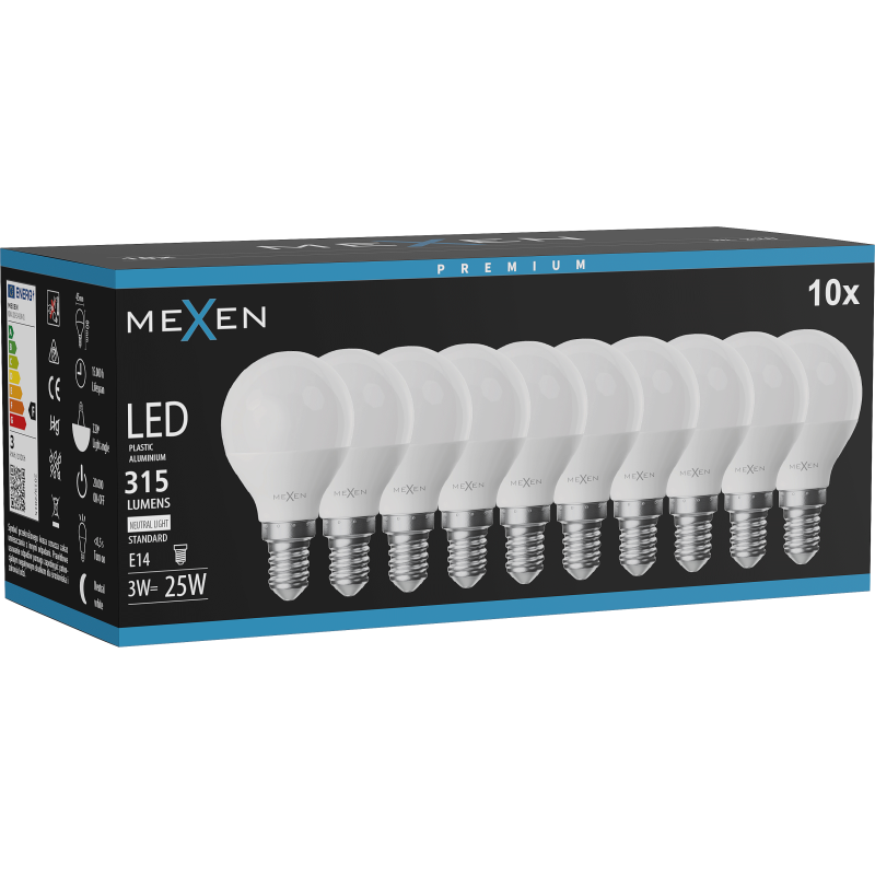 Mexen Nova 10x LED žiarovka E14, G45, 3W, Neutrálna - 4000K, 315 lm - L101-E14-0340-01x10