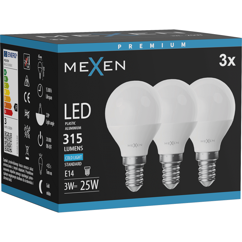 Mexen Nova 3x LED žiarovka E14, G45, 3W, Studená - 6500K, 315 lm - L101-E14-0365-01x03