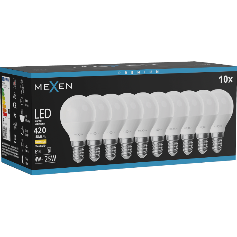 Mexen Nova 10x LED žiarovka E14, G45, 4W, Teplá - 3000K, 420 lm - L101-E14-0430-01x10