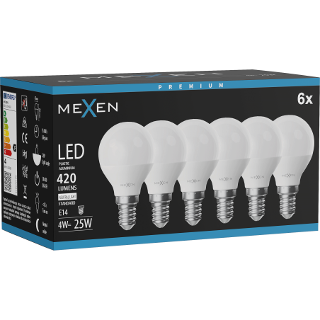 Mexen Nova 6x Žiarovka LED E14, G45, 4W, Neutrálna - 4000K, 420 lm - L101-E14-0440-01x06