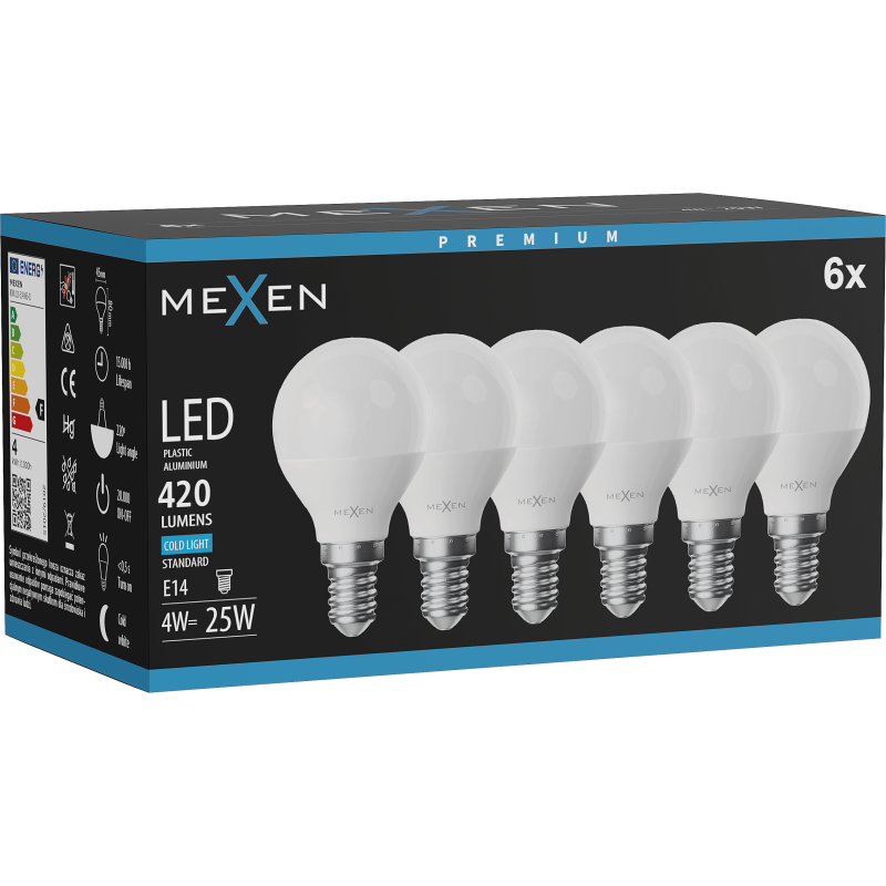 Mexen Nova 6x LED žiarovka E14, G45, 4W, Studená - 6500K, 420 lm - L101-E14-0465-01x06
