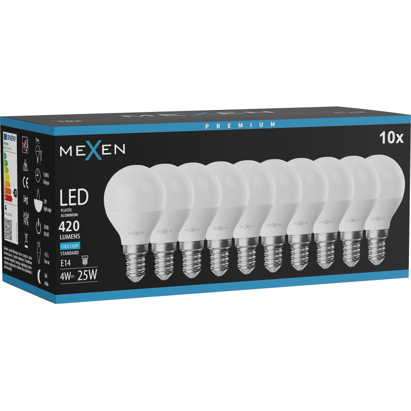 Mexen Nova 10x LED žiarovka E14, G45, 4W, Studená - 6500K, 420 lm - L101-E14-0465-01x10