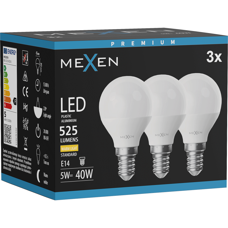 Mexen Nova 3x LED žiarovka E14, G45, 5W, Teplá - 3000K, 525 lm - L101-E14-0530-01x03