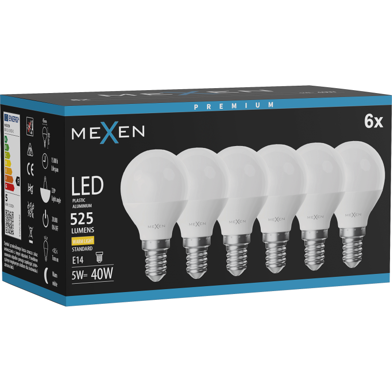 Mexen Nova 6x LED žiarovka E14, G45, 5W, Teplá - 3000K, 525 lm - L101-E14-0530-01x06