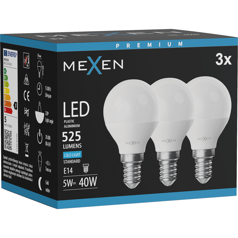 Mexen Nova 3x LED žiarovka E14, G45, 5W, Studená - 6500K, 525 lm - L101-E14-0565-01x03