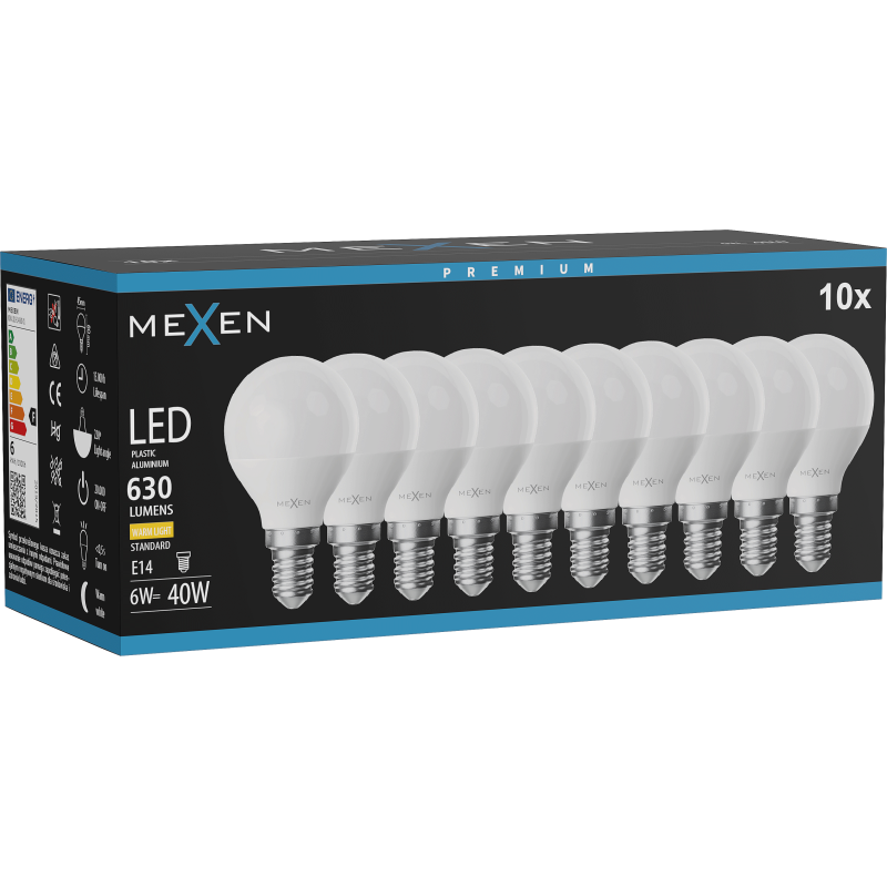 Mexen Nova 10x LED žiarovka E14, G45, 6W, Teplá - 3000K, 630 lm - L101-E14-0630-01x10