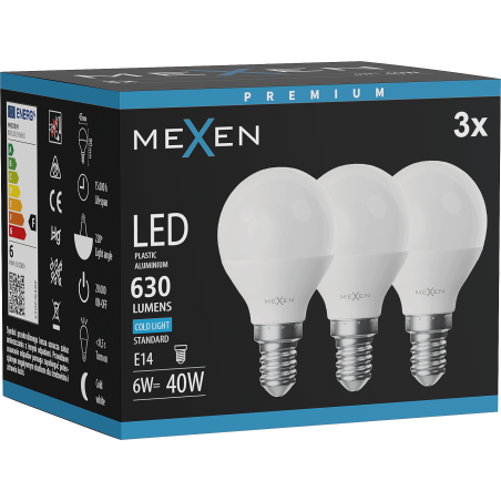 Mexen Nova 3x LED žiarovka E14, G45, 6W, Studená - 6500K, 630 lm - L101-E14-0665-01x03