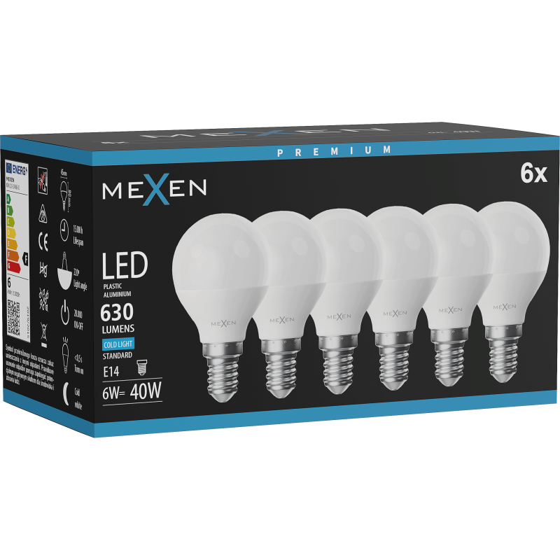Mexen Nova 6x Žiarovka LED E14, G45, 6W, Studená - 6500K, 630 lm - L101-E14-0665-01x06