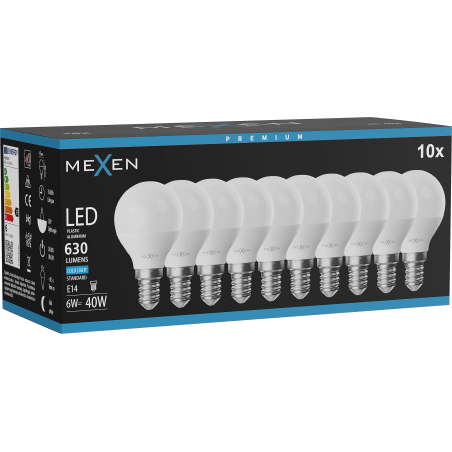 Mexen Nova 10x LED žiarovka E14, G45, 6W, Studená - 6500K, 630 lm - L101-E14-0665-01x10