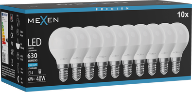 Mexen Nova 10x LED žiarovka E14, G45, 6W, Studená - 6500K, 630 lm - L101-E14-0665-01x10