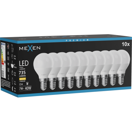 Mexen Nova 10x LED žiarovka E14, G45, 7W, Teplá - 3000K, 735 lm - L101-E14-0730-01x10