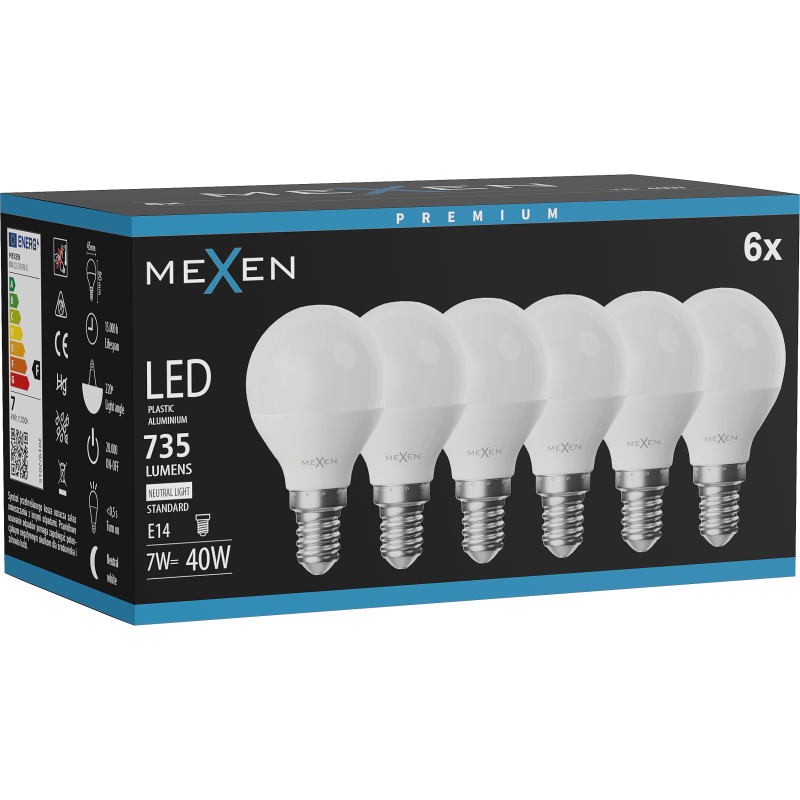 Mexen Nova 6x LED žiarovka E14, G45, 7W, Neutrálna - 4000K, 735 lm - L101-E14-0740-01x06