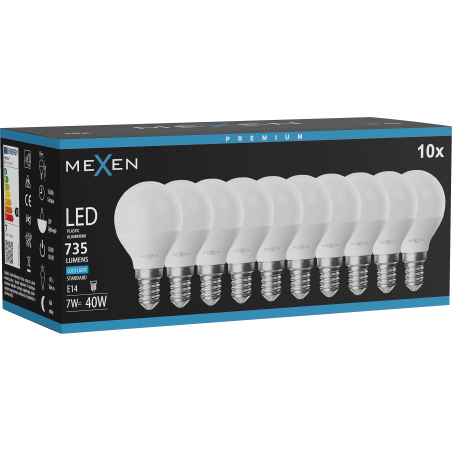 Mexen Nova 10x LED žiarovka E14, G45, 7W, Studená - 6500K, 735 lm - L101-E14-0765-01x10
