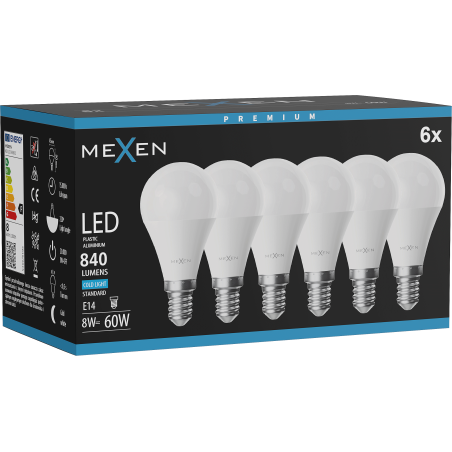 Mexen Nova 6x LED žiarovka E14, G45, 8W, Studená - 6500K, 840 lm - L101-E14-0865-01x06