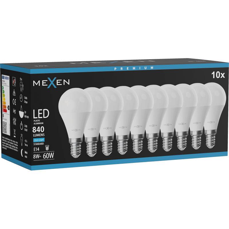 Mexen Nova 10x LED žiarovka E14, G45, 8W, Studená - 6500K, 840 lm - L101-E14-0865-01x10