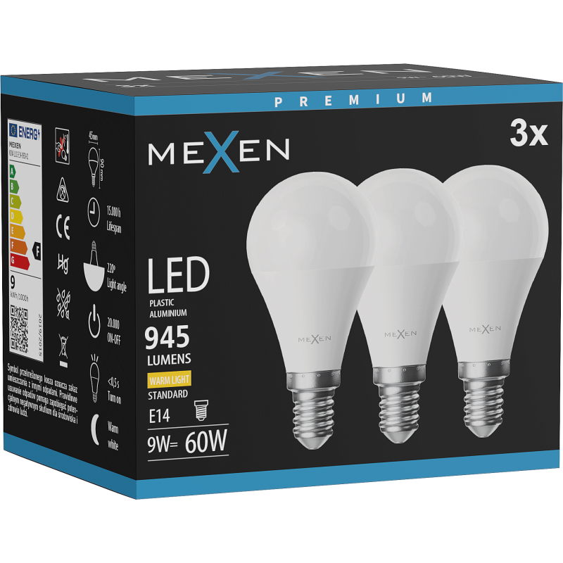Mexen Nova 3x LED žiarovka E14, G45, 9W, Teplá - 3000K, 945 lm - L101-E14-0930-01x03