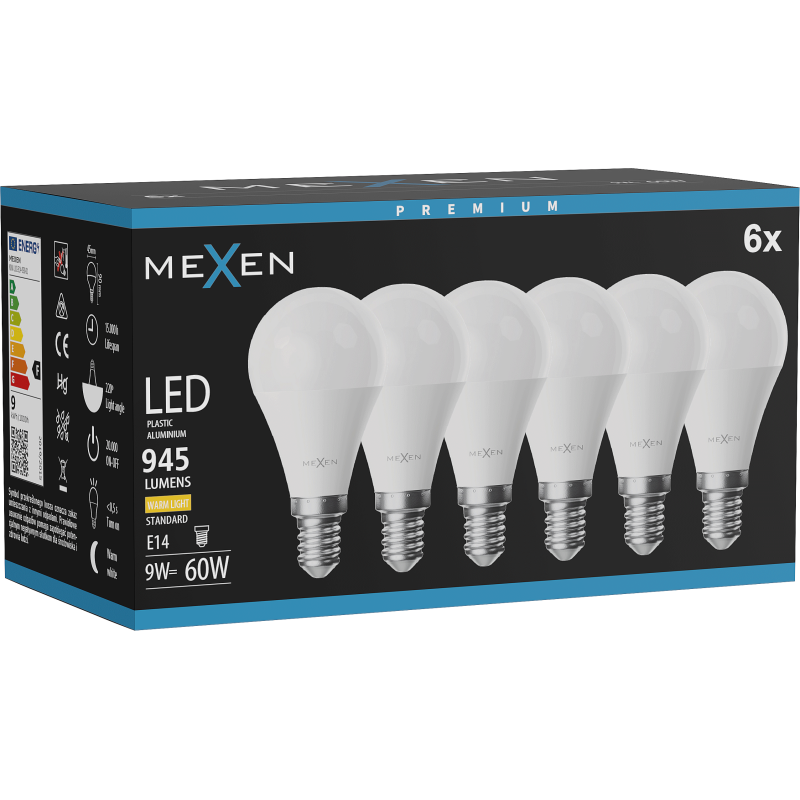 Mexen Nova 6x LED žiarovka E14, G45, 9W, Teplá - 3000K, 945 lm - L101-E14-0930-01x06
