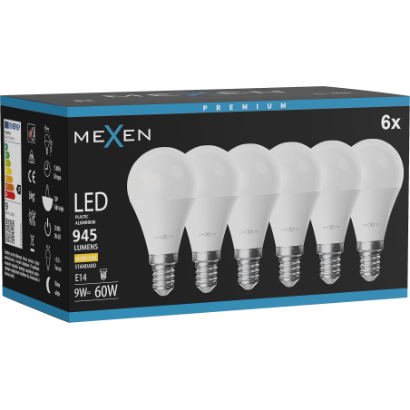 Mexen Nova 6x LED žiarovka E14, G45, 9W, Teplá - 3000K, 945 lm - L101-E14-0930-01x06